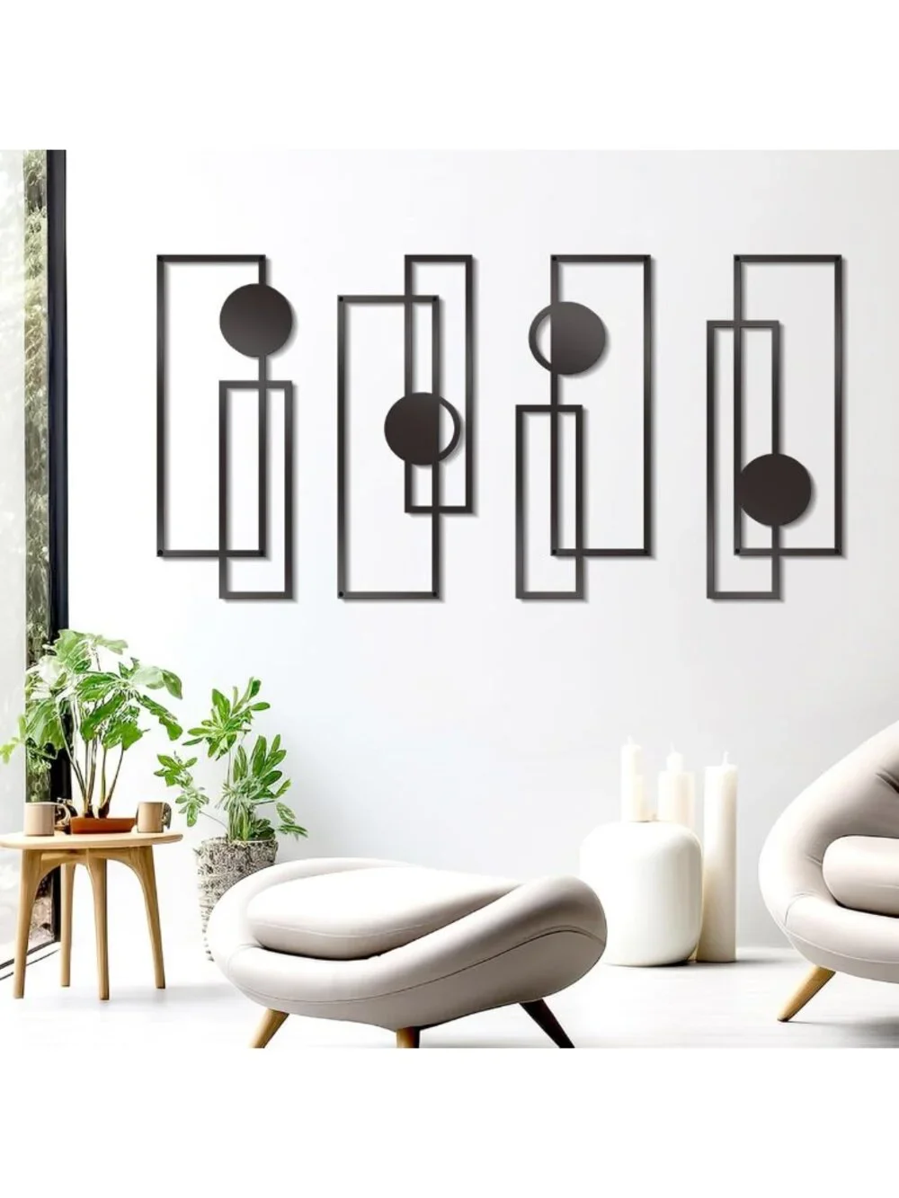 4 Pcs Black Abstract Metal Wall Art | Modern Minimalist Geometric Decor for Home